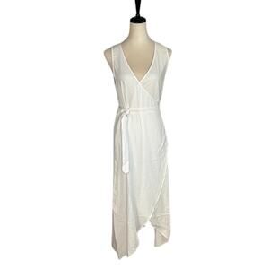 NWT Andie Swim Linen Blend Maxi Wrap Dress, Sz L, V Neck White Resort Vacation